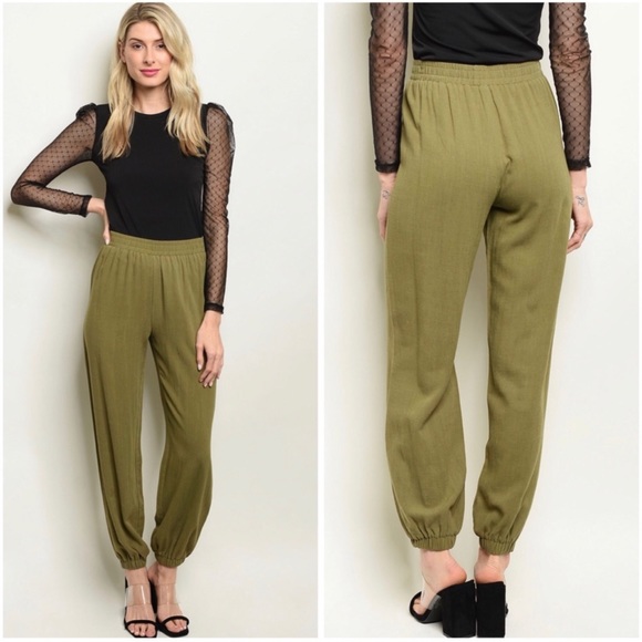 Linen blend joggers in olive - Picture 1 of 3